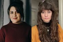 Collage: Zwei Personen nebeneinander. Links Person mit Dutt und weinrotem Pullover vor grauem Vorhang. Rechts Person mit langen Haaren vor weißer Wand.