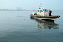 Kerala police at Vembanad lake in Kerala, India