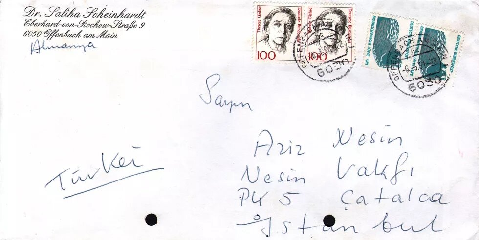 An Aziz Nesin adressierter Brief von Saliha Scheinhardt