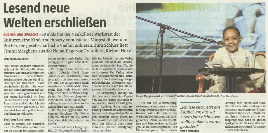 Zeitungsausschnitt aus der taz mit der Überschrift "Lesend neue Welten erschließen" und einem Foto von Timnit Mesghena
