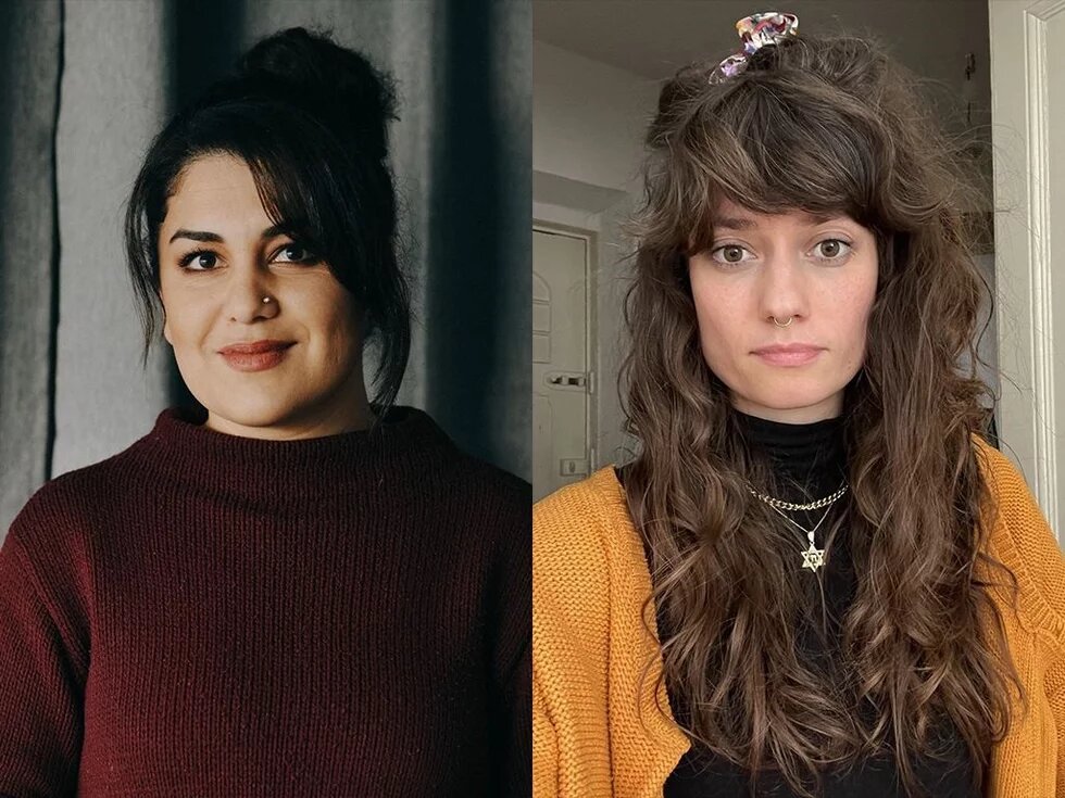 Collage: Zwei Personen nebeneinander. Links Person mit Dutt und weinrotem Pullover vor grauem Vorhang. Rechts Person mit langen Haaren vor weißer Wand.