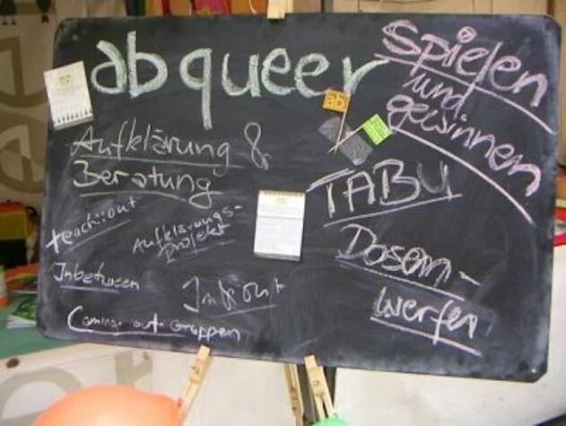 eine Tafel beschrieben mit Schlagwörtern zum Thema queer  