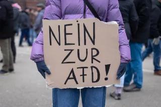Eine Person hält ein großes Schild mit der Aufschrift "NEIN ZUR AFD!" in den Händen.